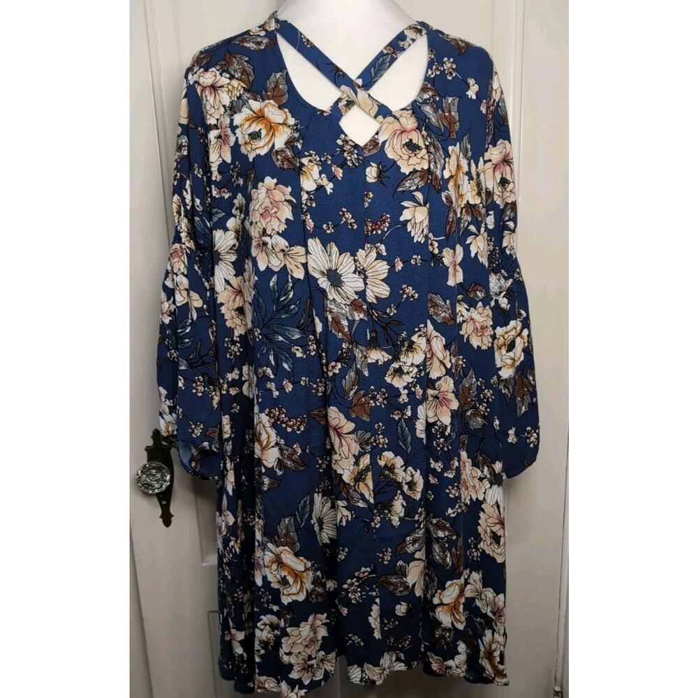 Umgee Blue Floral Bell Sleeve Flowy Tunic Mini Dress Women's M Beach (1114)